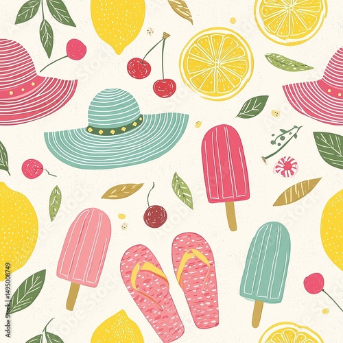 Flat summer icons—sunhat, flip-flops, citrus—float on white in soft pastel tones, arranged in patterns for print, packaging, or textiles.