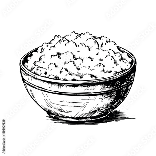 Vintage bowl of cottage cheese with detailed curd texture