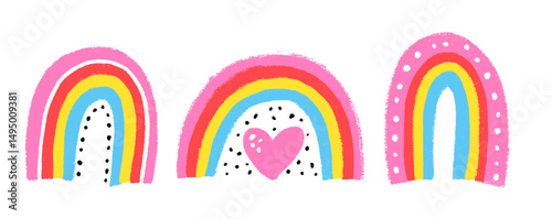 Crayon Rainbow Doodle Set in Childlike Style. Hand-Drawn Sketches with Stars and Hearts for Cute Kids Designs