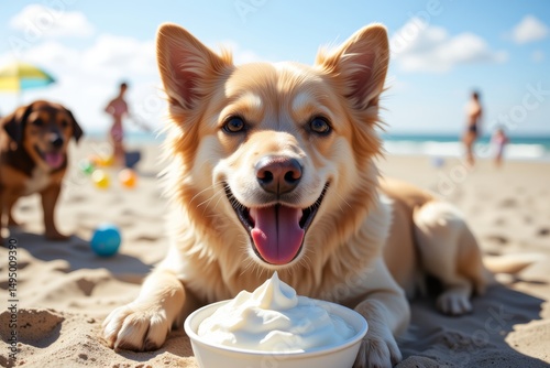 Happy Dog on Beach with Frozen Yogurt Treat Summer Fun Canine Pet