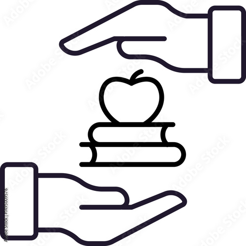 Apple on Books between Hands Line Icon for Web Sites, Books, Cards, Apps