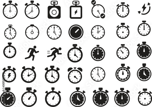 silhouette stopwatch and timer icons set. countdown, clock, deadline, schedule vector illustration