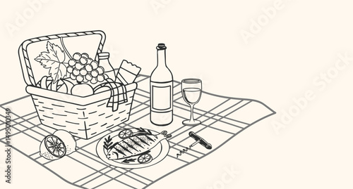 Picnic scene with food, wine and basket. Dolce vita lifestyle illustration for cafe, restaurants menu. Hand drawn sketch illustration, invitation, poster.