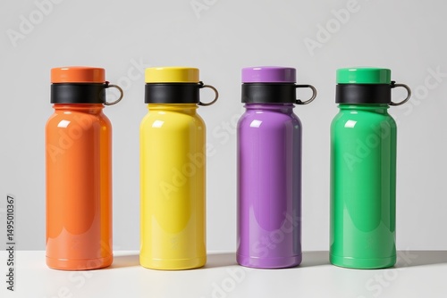 Colorful Set of Four Shiny Water Bottles Hydration Essentials Portable Reusable Sporty Design