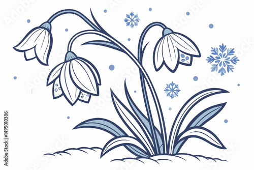 winter floral design with frosted petals and snowflakes vector illustration
