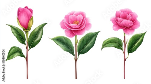 Three delicate pink camellia flowers and buds on separate stems.