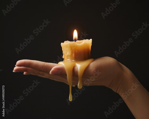 A dramatic close-up photograph captures a partially melted beeswax candle resting delicately in the center of a woman’s outstretched hand
