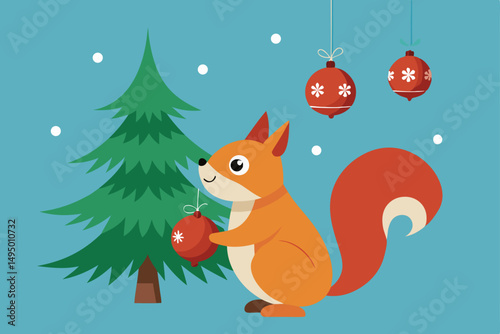 squirrel hanging ornaments on pine tree vector illustration