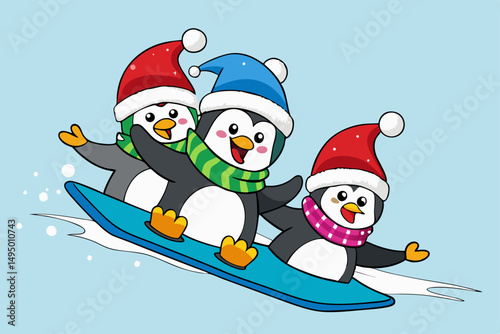 penguins sliding on ice with festive hats vector illustration
