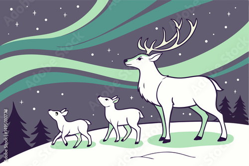 Reindeer family under the northern lights vector illustration