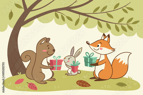 Forest animals exchanging tiny gifts vector illustration