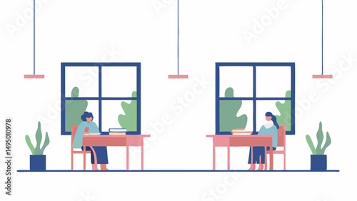 Two people studying at desks by windows with plants and hanging lights in a bright and spacious room