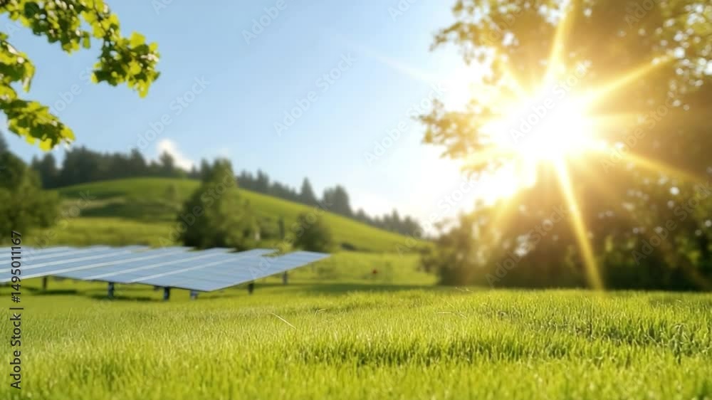 Solar Energy in Harmony: A serene tableau of solar panels seamlessly integrated into a verdant landscape, harnessing the sun's boundless energy with a message of sustainability.