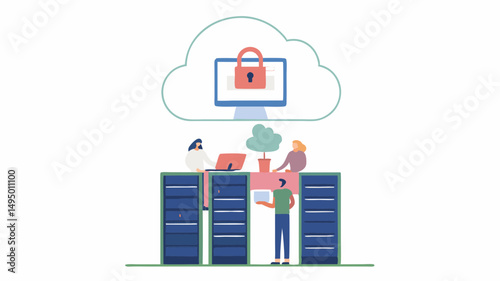 People working on servers with a cloud above containing a computer and a lock symbolizing security