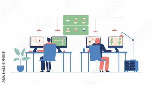 Illustration of two people working at desks with computers in an office setting with hanging boards and lamps