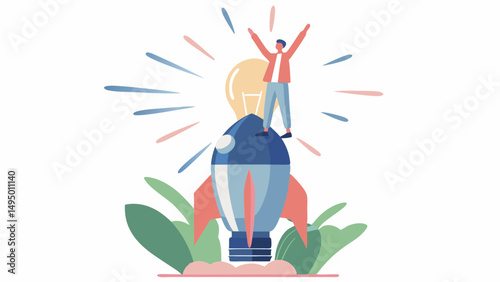 A man standing on a rocket with his arms raised next to a lightbulb and light rays surrounding them