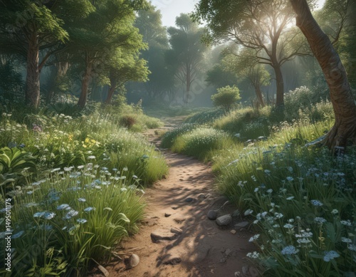 Emerald canopy, wildflowers bloom near crystal stream,  environment,  shadows,  blossom