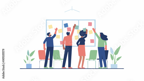 Group of people collaborating and placing sticky notes on a board in a bright office space setting