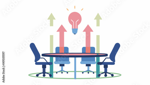 Illustration of a meeting room with chairs table arrows and a lightbulb representing a new idea concept