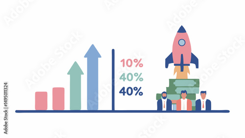 Illustration of a rocket launching from money stacks with business people and a rising bar graph showing growth
