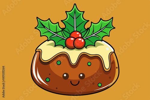 christmas pudding with holly decorations vector illustration