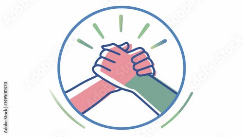 Illustration of two hands clasped together inside an oval frame with radiating lines above and below them