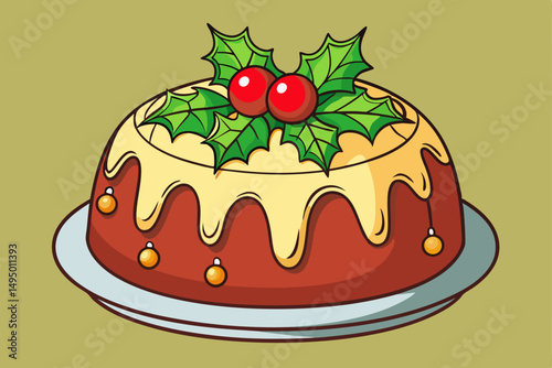 christmas pudding with holly decorations vector illustration