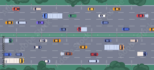 Highway traffic, top above aerial view. Multi-lane road with car and truck vehicles from overhead. Busy urban auto transport flow. Roadway, driving in different directions. Flat vector illustration