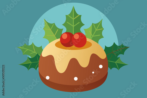 christmas pudding with holly decorations vector illustration