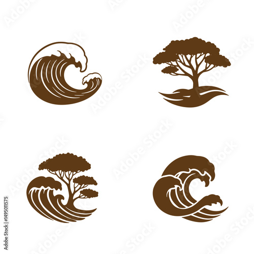 Vector illustration of nature inspired elements including trees and ocean waves in silhouette