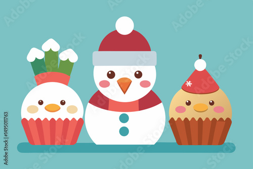 cupcakes decorated as santa and snowmen vector illustration