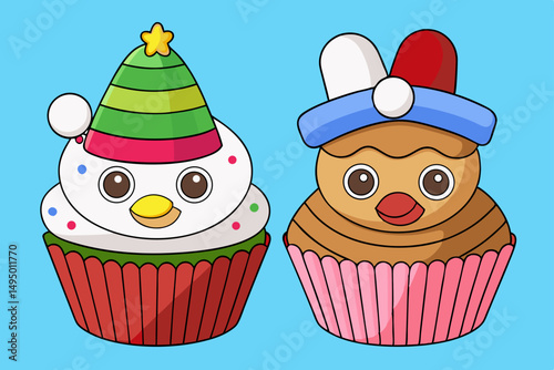 cupcakes decorated as santa and snowmen vector illustration