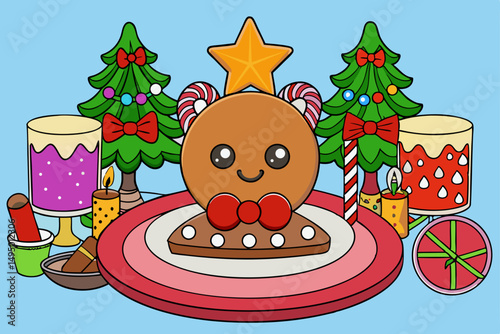 Christmas table setting with pine and cinnamon decorations vector illustration