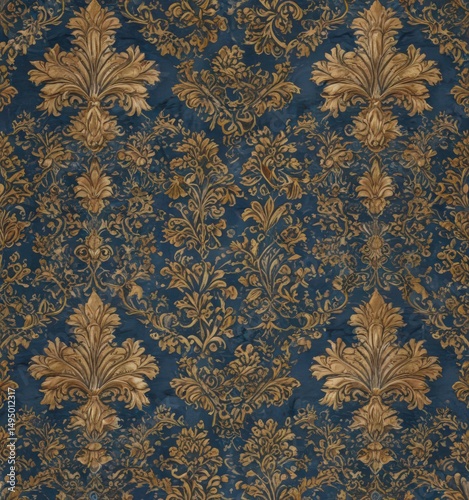 Intricate blue & gold damask floral wallpaper  Seamless pattern , blue gold, damask