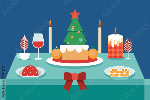 christmas table setting with pine and cinnamon vector illustration