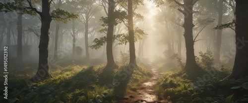 Dawn mist shrouds ancient woodland, soft light filters through leaves ,  vintage,  shadows,  fairytale