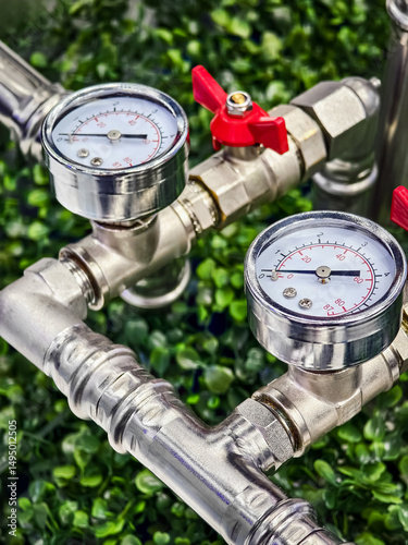 Pressure gauges and valves displayed on a metal piping system surrounded by lush greenery