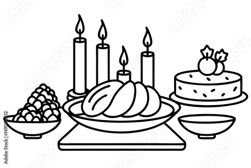 holiday feast with food and candles vector illustration