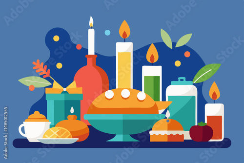 holiday feast with food and candles vector illustration