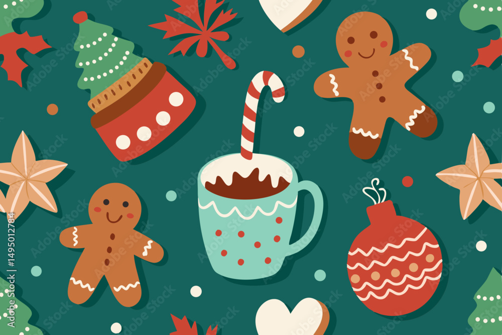 Naklejka premium Gingerbread cookies and hot cocoa pattern vector illustration