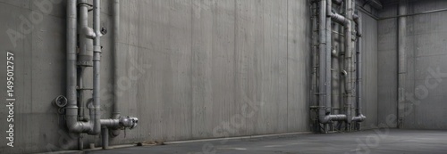 Grey textured concrete wall, industrial pipes, metallic machinery  Factory setting , rusty, industrial background, material
