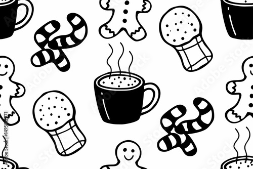 Gingerbread cookies and hot cocoa pattern vector illustration