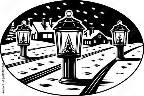 vector lanterns glowing on snowy streets vector illustration
