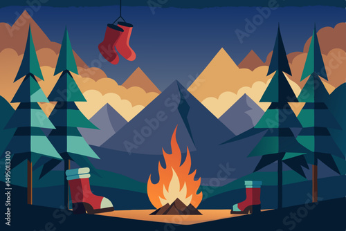 Campfire with Christmas Stockings Hung on Trees Vector Illustration