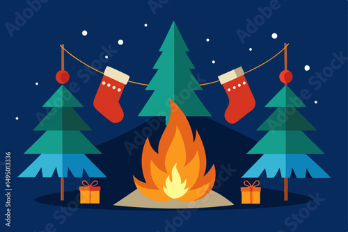 campfire with christmas stockings hung on trees vector illustration
