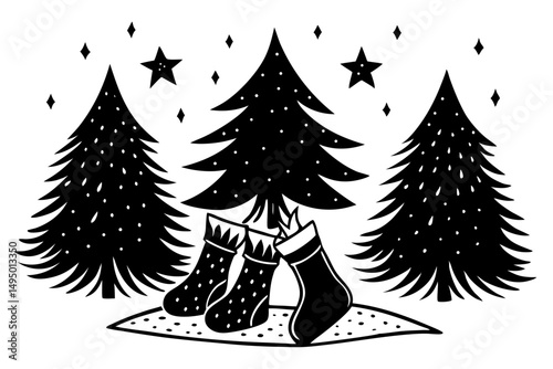 campfire with christmas stockings hanging on trees vector illustration