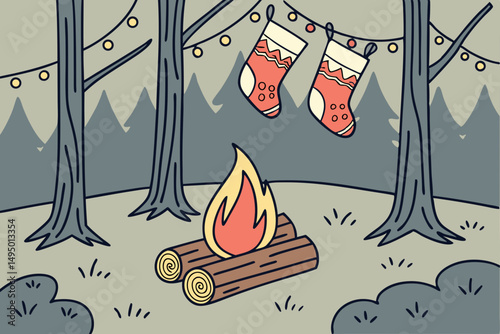 Campfire with Christmas Stockings Hung on Trees Vector Illustration