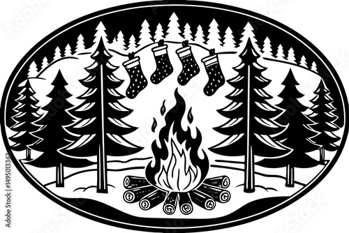 Campfire with Christmas stockings hung on trees vector illustration