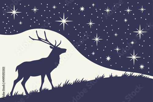 twinkling stars and silhouette of reindeer vector illustration