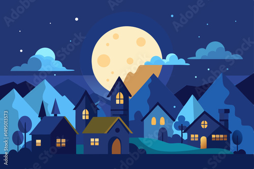 cozy village under full moon vector illustration